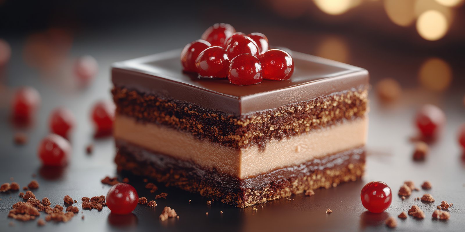 Sliced dessert with chocolate layers and cherries presented on a dark surface at an evening gathering